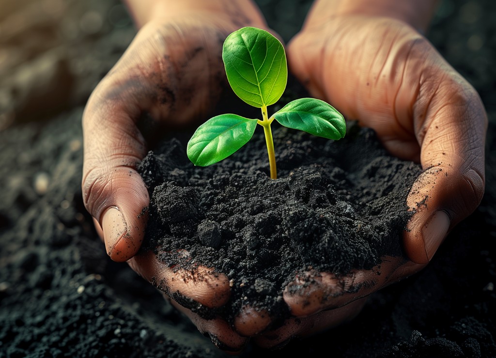 Hands nurturing a young plant in rich organic soil
