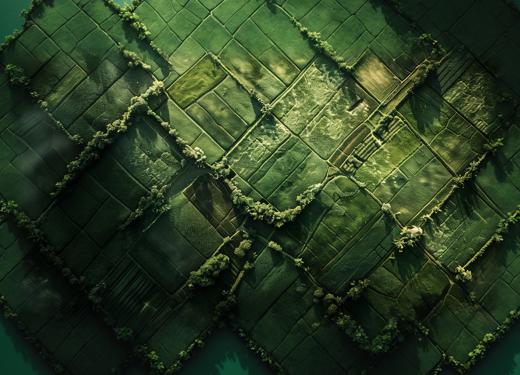 Aerial view of precision-managed organic farmland