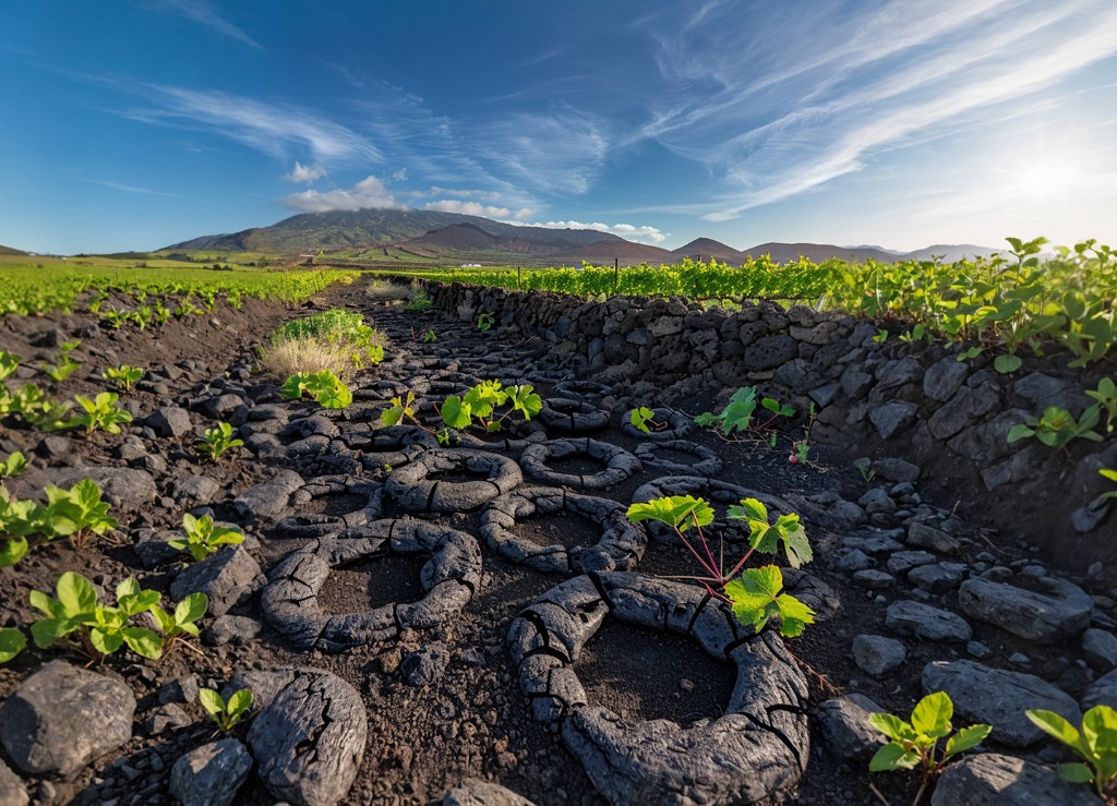 Regenerative vineyard landscape with volcanic soil cultivation