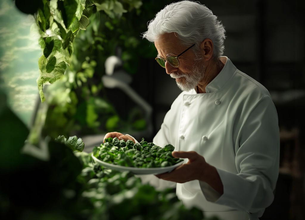 Chef inspecting fresh organic greens from the farm