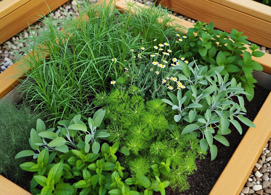 Fresh organic herbs grown in a raised garden bed